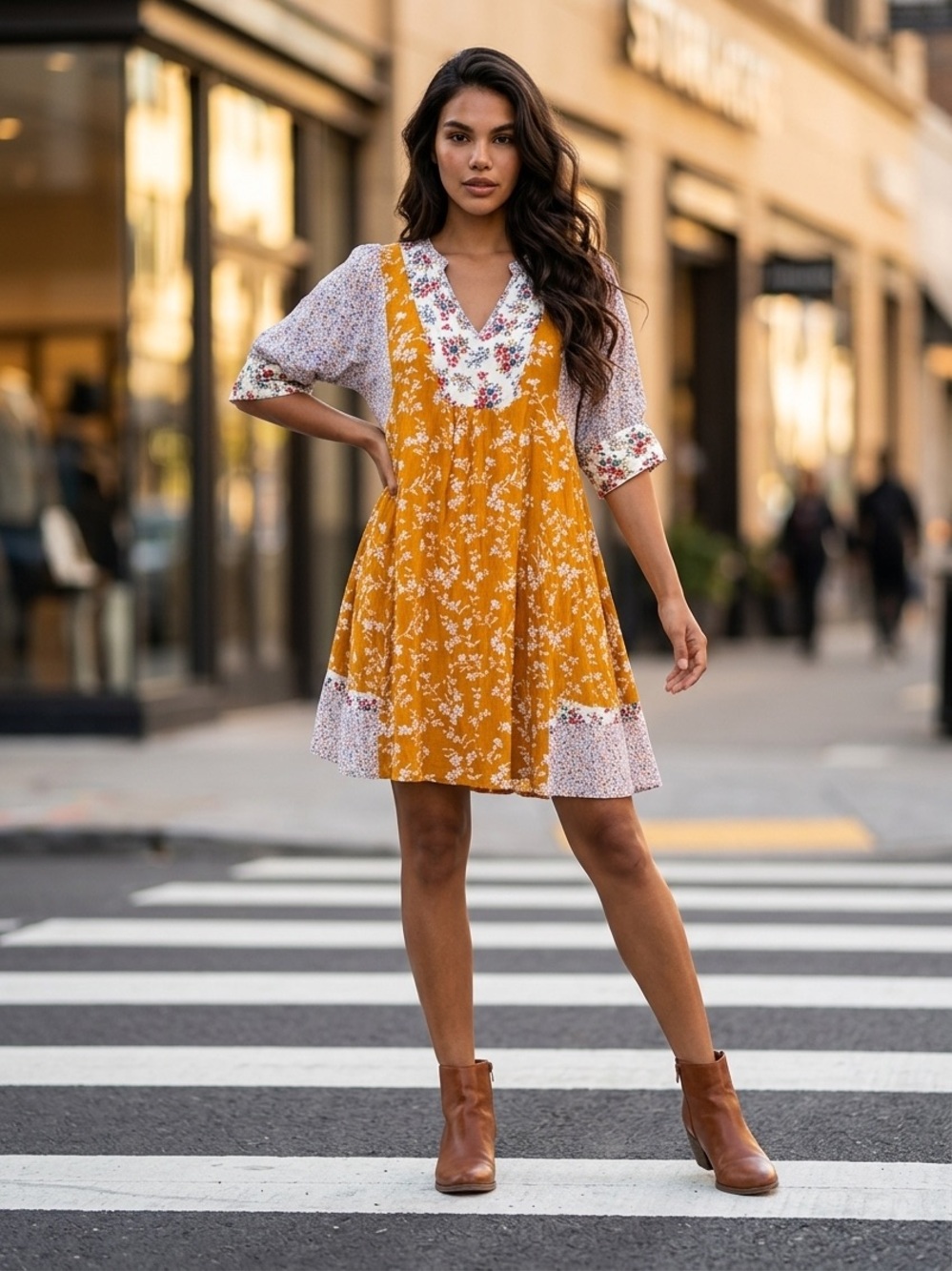 Umgee Small Floral Patchwork Mix Dress in Mustard, White, Red, Blue